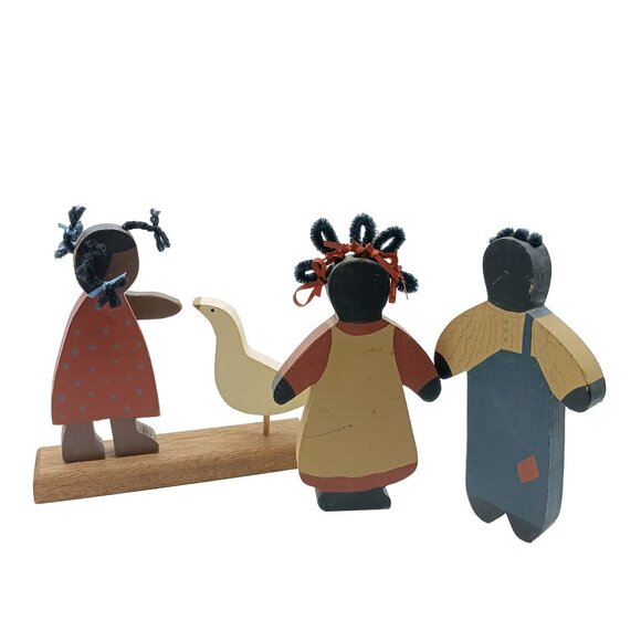 Vintage Wooden Folk Art African American Family Figures & Duck